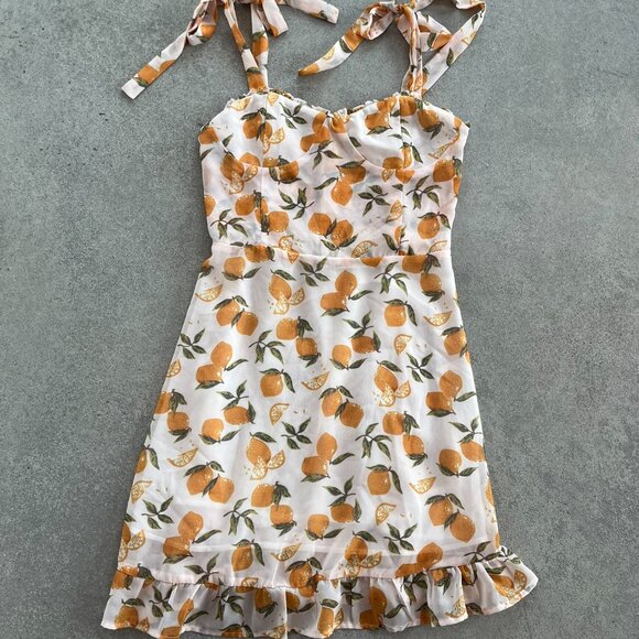 Aqua Lemon Print Tie Strap Mini Dress Size Small - Picture 5 of 8